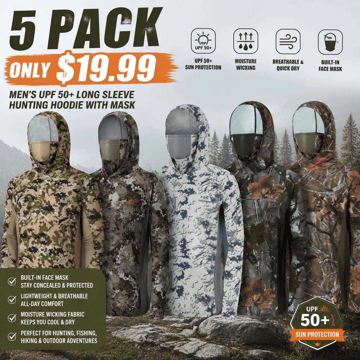 Men's UPF 50+ Long Sleeve Hunting Hoodie with Mask