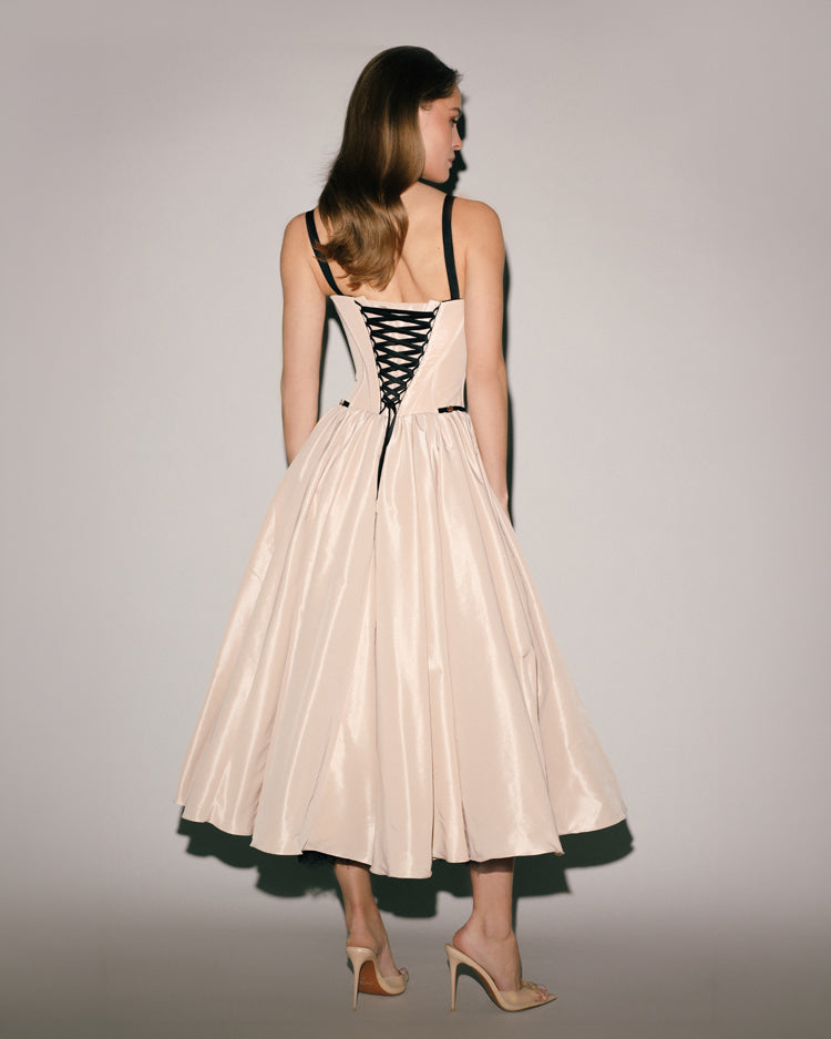 Nude Corset Midi Dress with Contrast Details