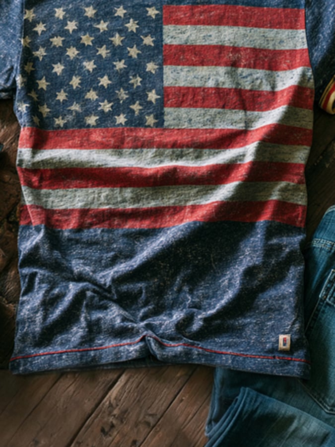Men's Retro Patriotic Color-Block Crew Neck Short-Sleeve T-Shirt