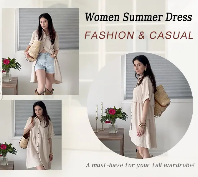 Women's Short-Sleeve Button-Front Textured Mini Dress – Loose, Flowy, Non-Clinging Fit with Pockets