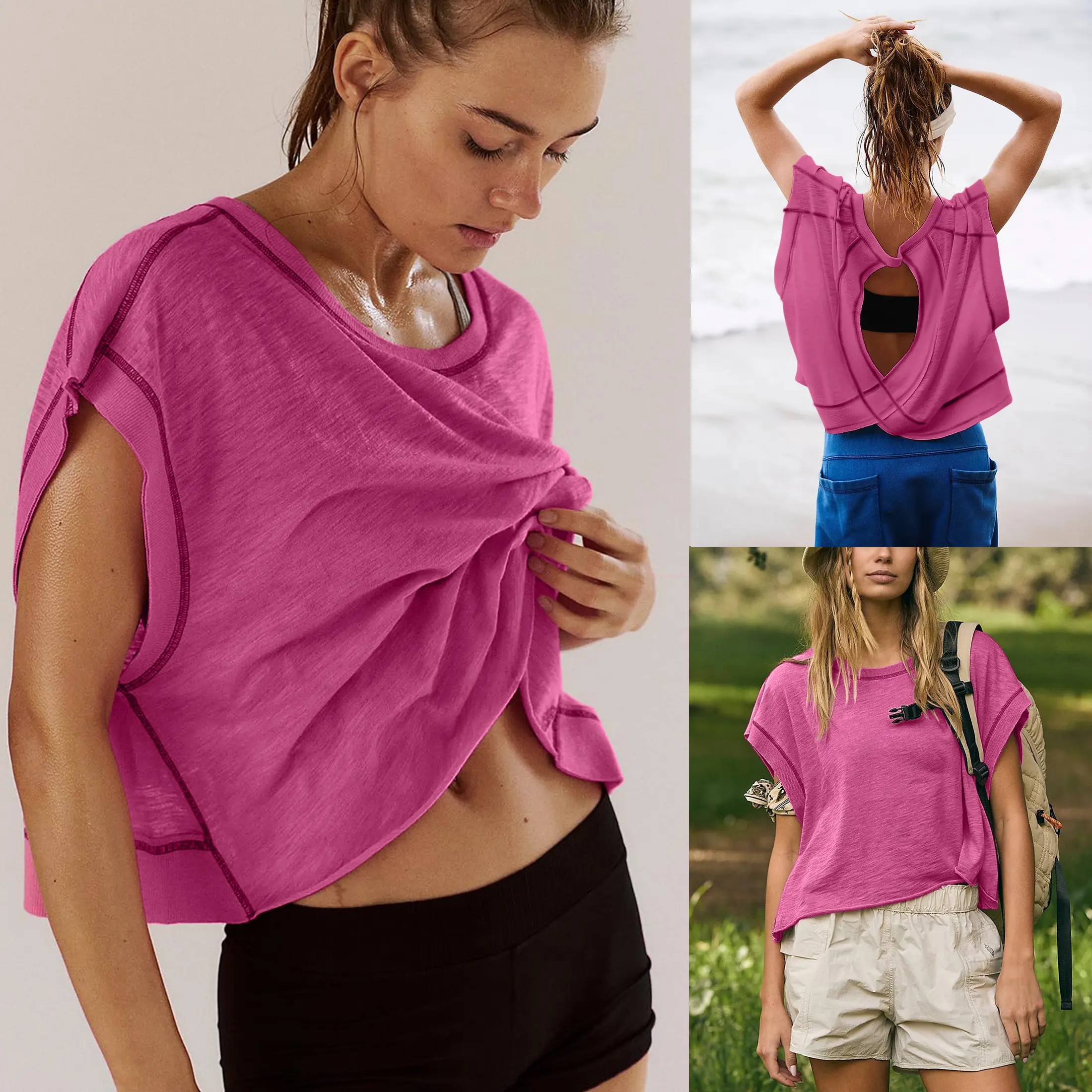 【Stock Up Deals】Women Short Sleeve Workout Shirts Open Back Tops Casual Yoga Y2k Athletic Gym Slouchy Crop Running Tees