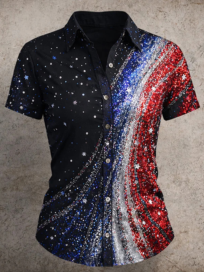 Ladies' Casual Floral 250Th Anniversary Celebration Lapel Shirt For The Founding Of The United States