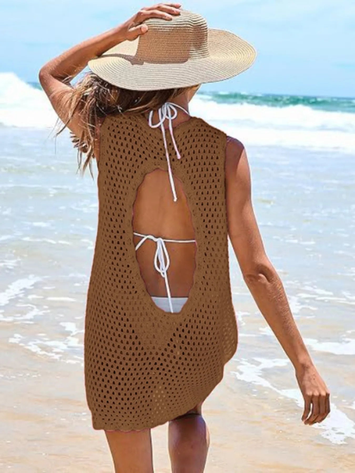 Color Block Openwork Sleeveless Cutout Back Cover-Up Mini Dress