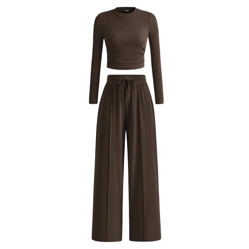 Ribbed Knit Long Sleeve Crop Top Wide Leg Pants