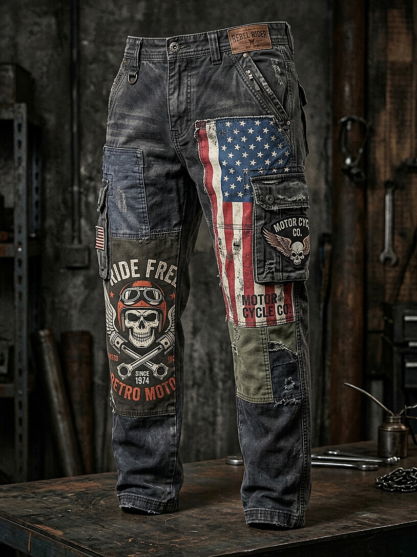 Men's Motorcycle Skull USA Flag Patchwork Print Casual Pants