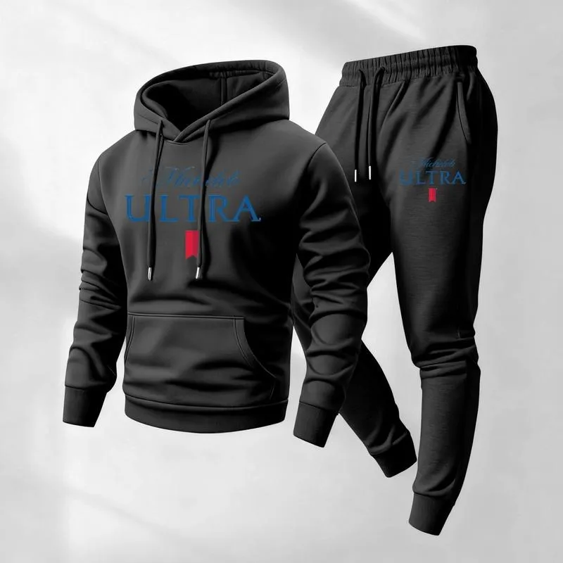 Men's vintage print hooded sweatshirt and drawstring sweatpants set, men's clothing