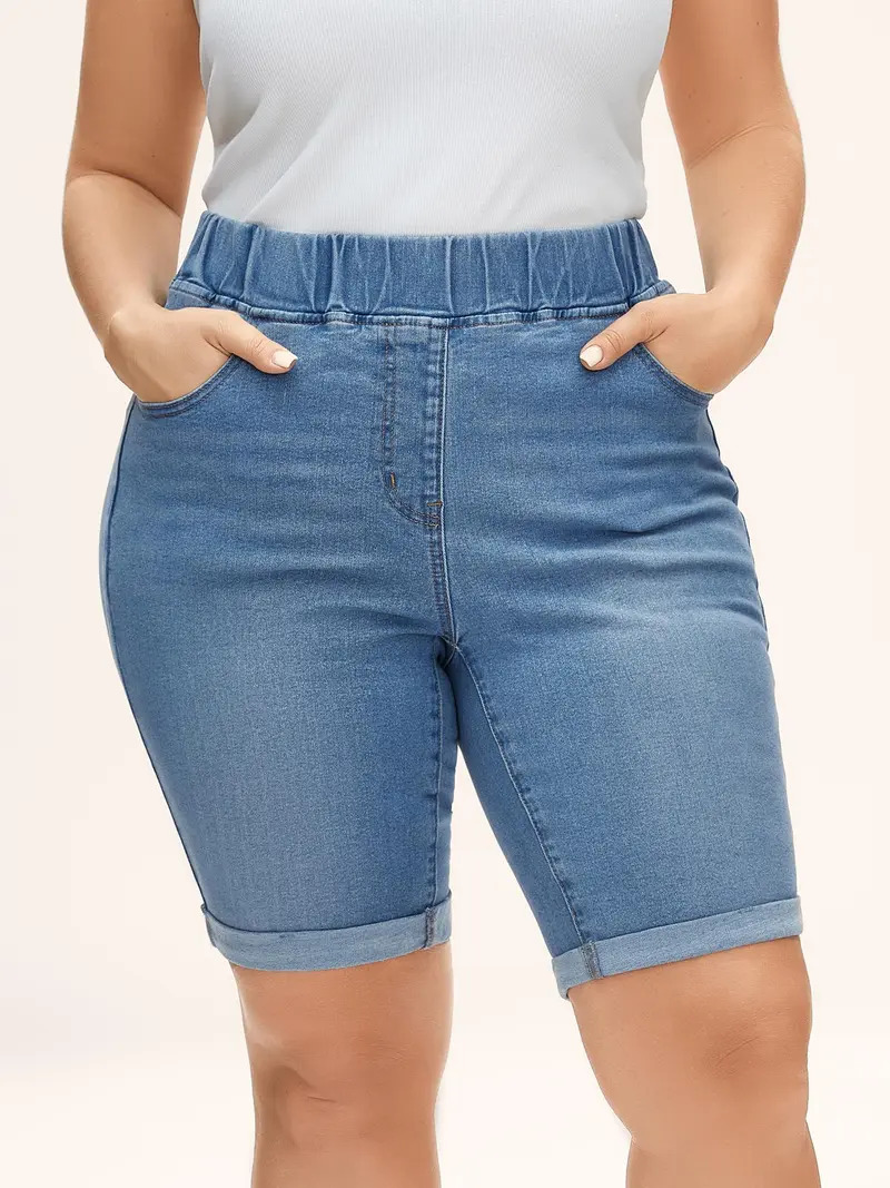Plus-size high-waisted stretch denim shorts