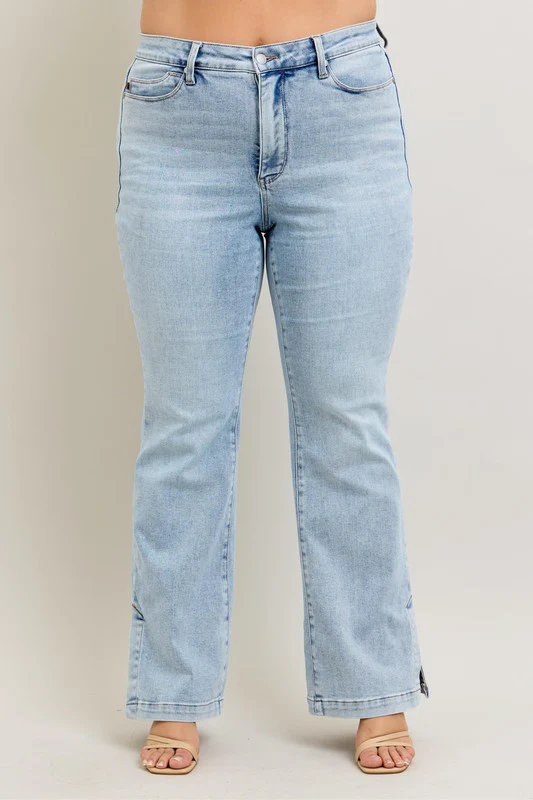 Blue Full Size Tummy Control Vintage Wash Side Slit Slim Boot Jeans Plus Size