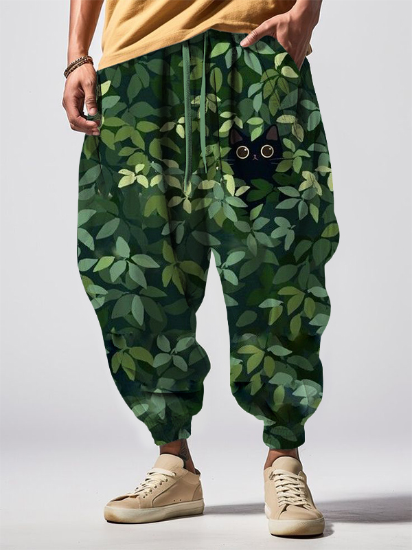 Men's Cute Black Cat Hiding Green Leaves Print Casual Loose Drawstring Waist Sweatpants