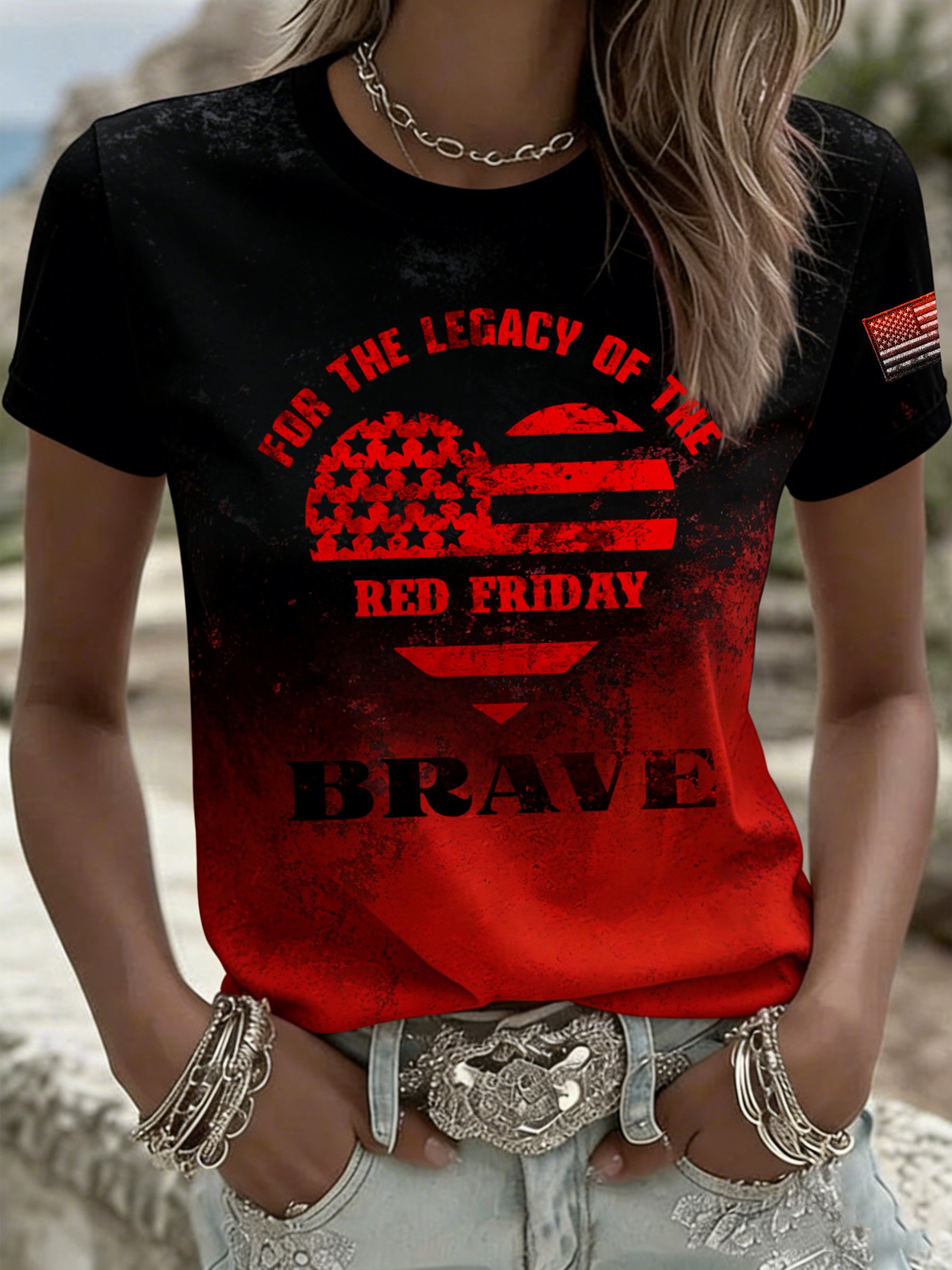Women's Red Friday Print Casual Crew Neck Top