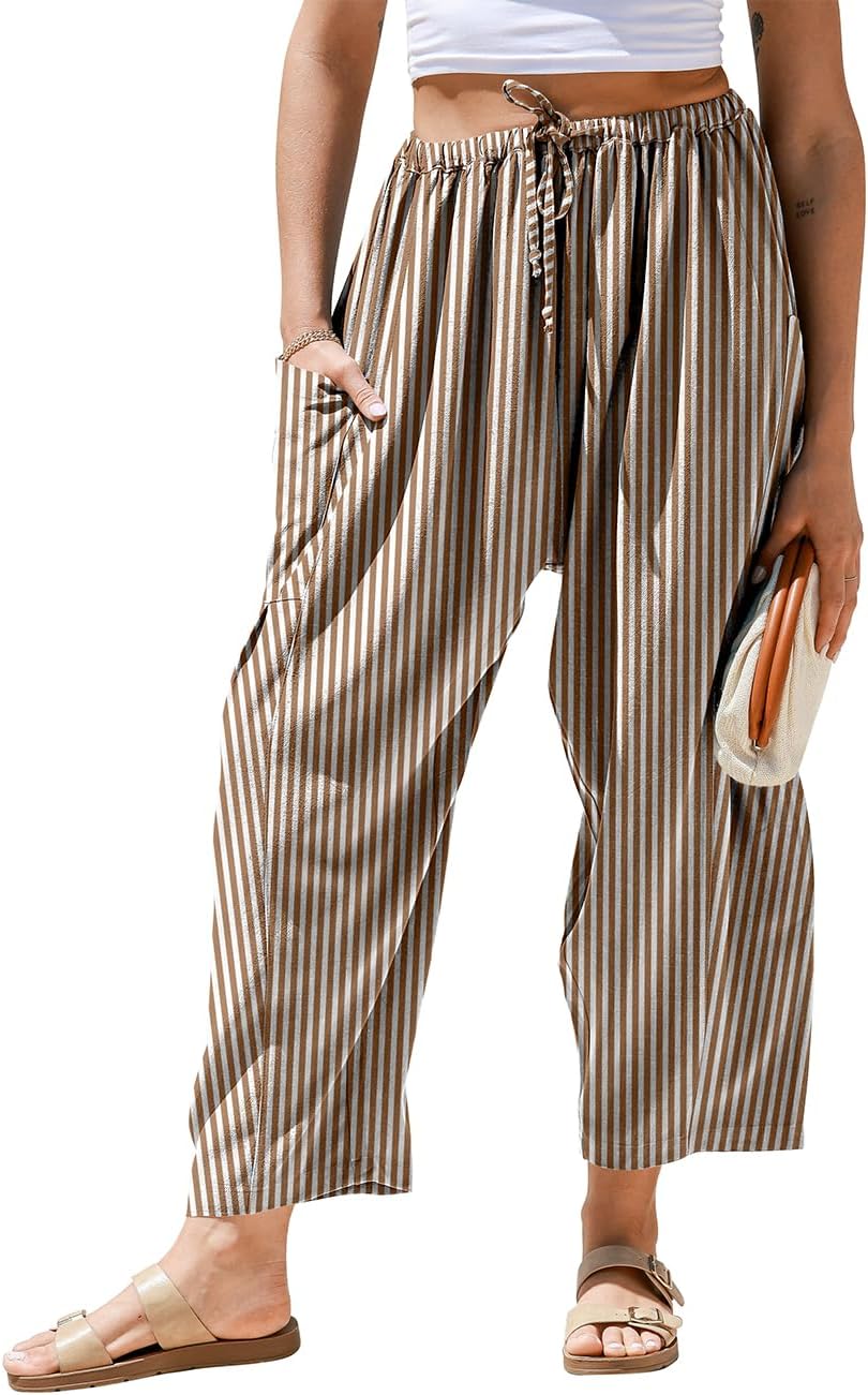 Womens Linen Wide Leg Striped Pants Casual Barrel Loose Drawstring Low Waist Palazzo Harem Pants with Pockets