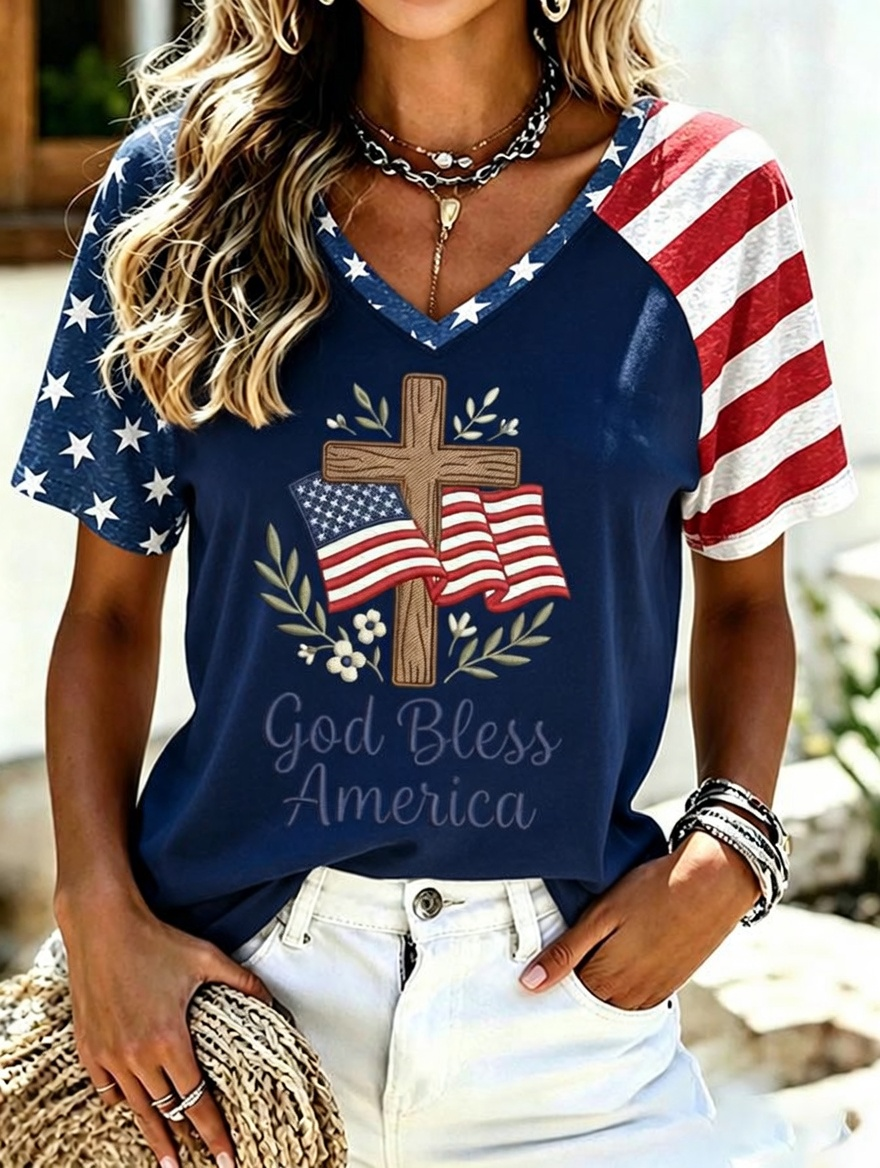 Women'S Retro Independence Day Printed Casual Short Sleeved T-Shirt