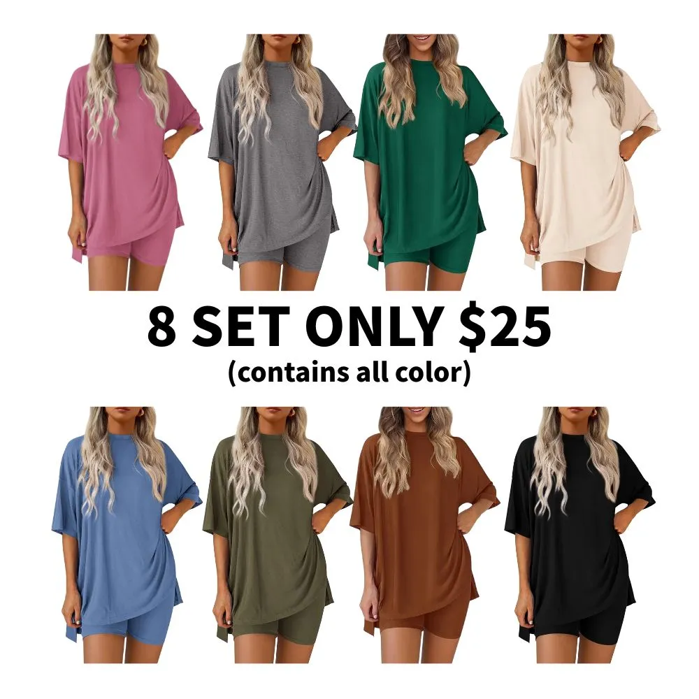 Two-Piece Set For Women Summer Casual Oversized Split Hem Shirts & Side Pocket Biker Shorts
