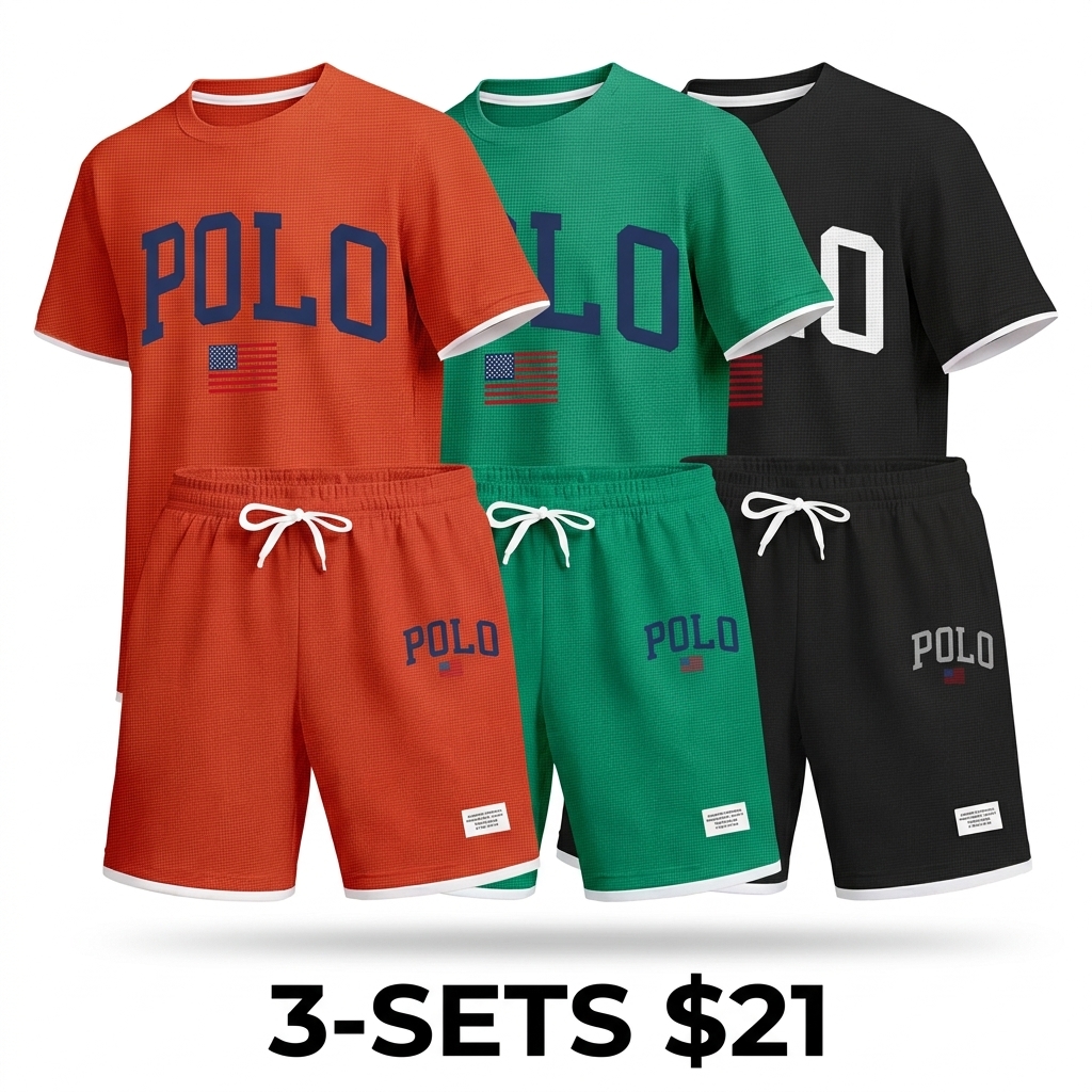 Men's Polo Print 2-Piece Summer Set – Short Sleeve Tee & Drawstring Shorts, Lightweight Waffle Knit