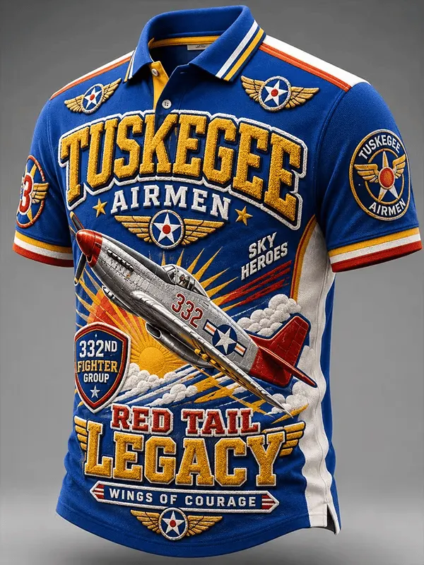 Men's Retro Red Tails Tuskegee AirmenAircraft Print Polo Shirt