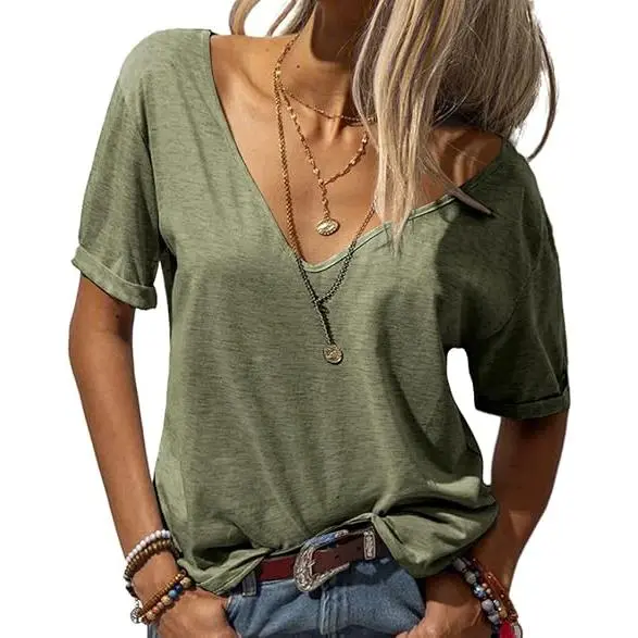 Women's Fashion Deep V-Neck Short Sleeve Tops Solid Casual Loose Basic T Shirt