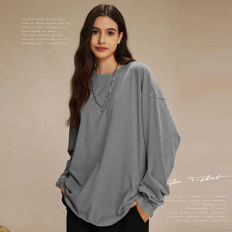 Unisex Oversized Vintage Acid Wash Tee: Long-Sleeve, Baggy Cotton