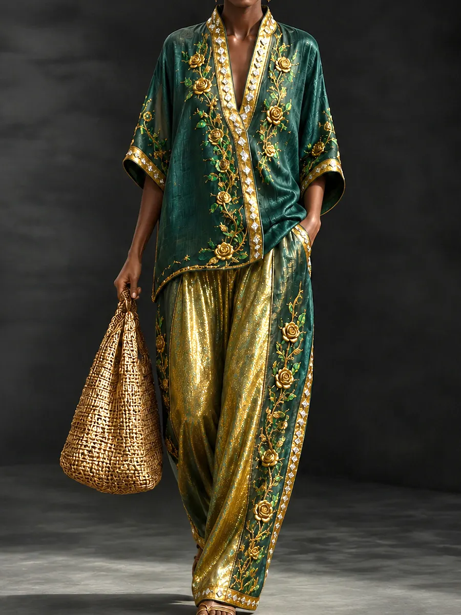 Women's Emerald Green Floral  2-Piece Set – Luxury V-Neck Kaftan Top & Relaxed Wide Leg Pants