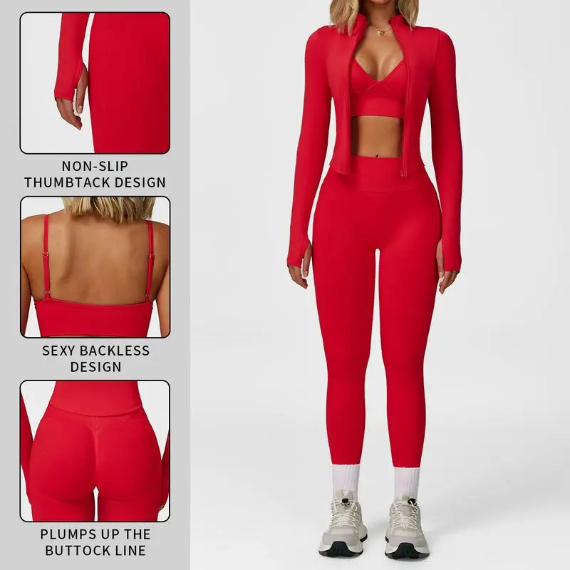 Women's 3-piece set - vest + high-waisted sweatpants + zippered short jacket