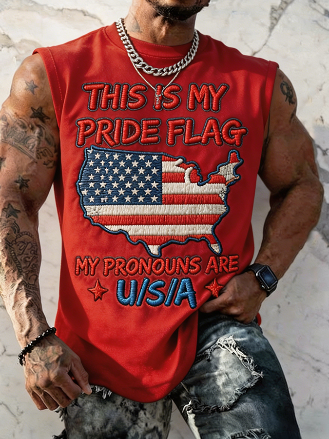 Men's This Is My Pride Flag My Pronouns Are USA Embroidered Sleeveless Tank Top