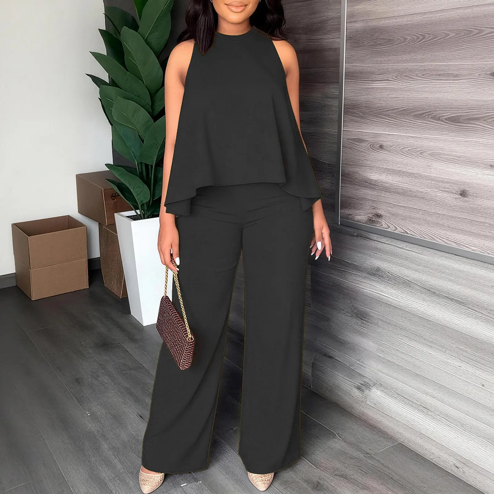 Women's Spring-Summer Set:Lightweight Flowy Halter Two-Piece with High-Waisted Wide Leg Pants–Comfortable