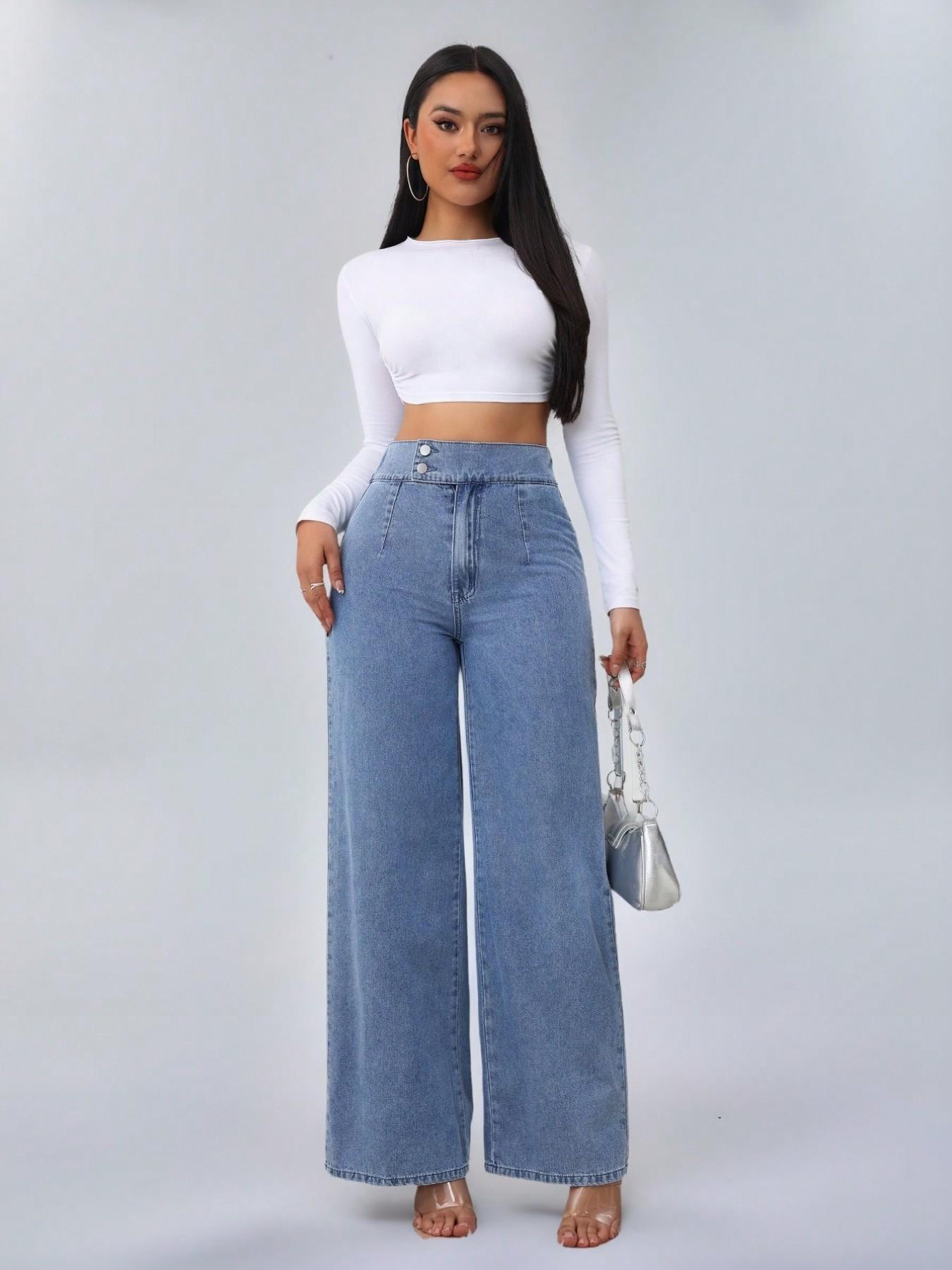 Women's Vintage-Elegant High-Waisted Wide-Leg Light-Wash Jeans
