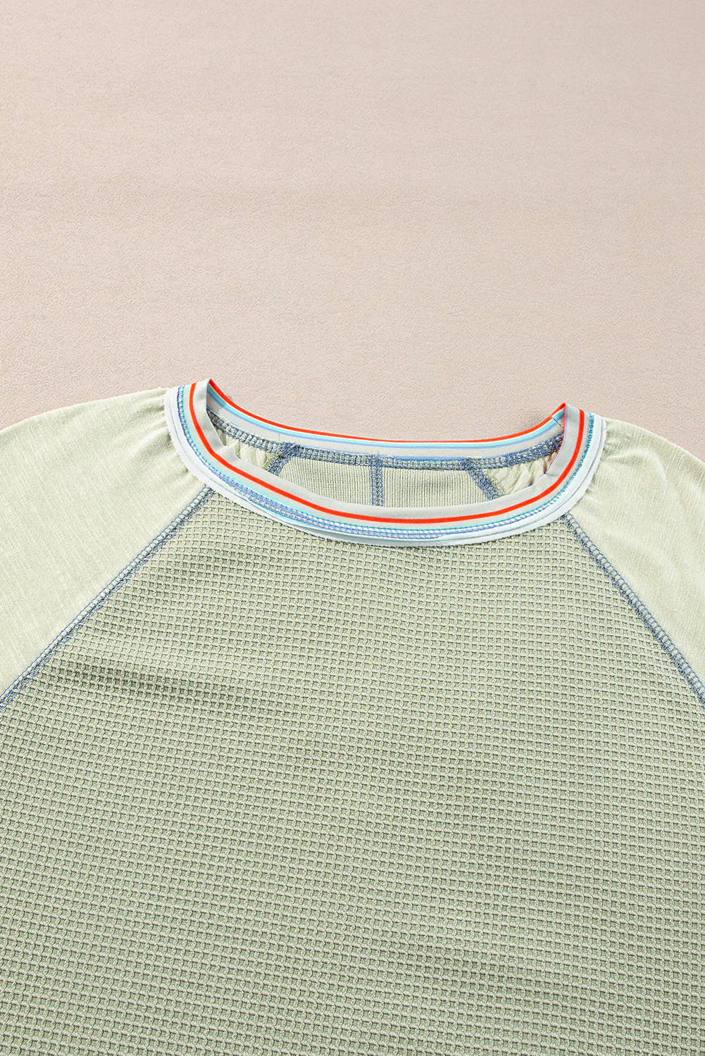 Meadow Mist Waffle Knit Wide Bracelet Sleeve Patchwork Raglan Top