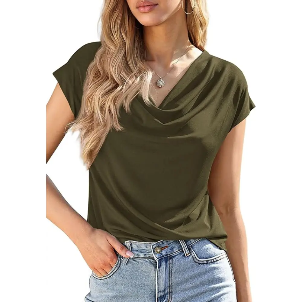 Women's Cowl-Neck Short-Sleeve Top — Elegant Casual Wear, Summer Shirt