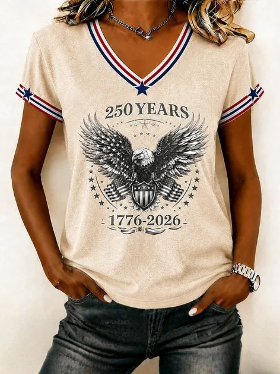 Women's America Flag Floral Print Casual V-Neck T-Shirt