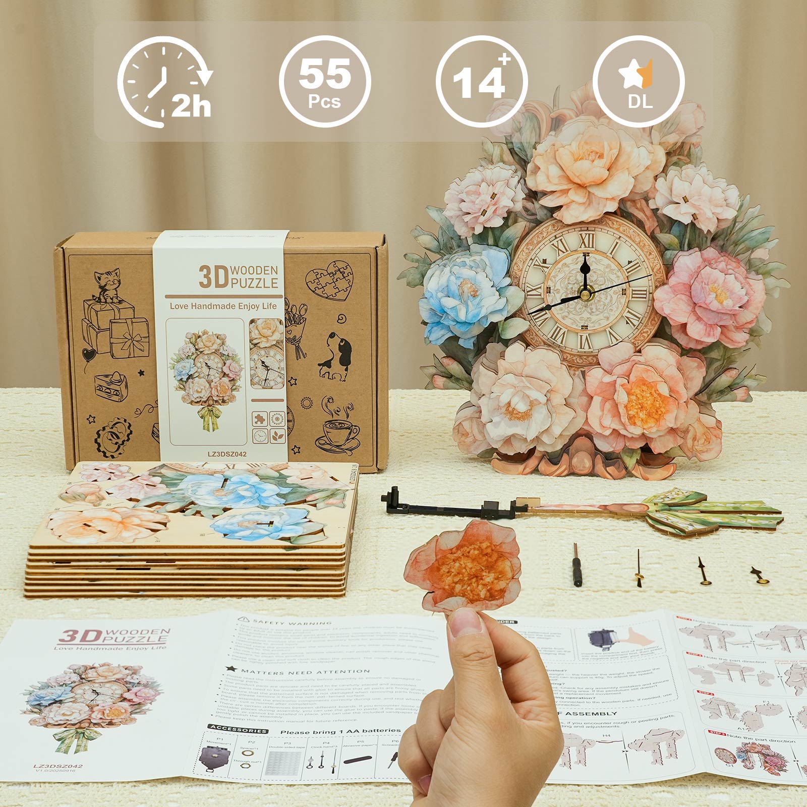 BouquetDIY Wooden Clock, 3D Puzzle Craft Kit