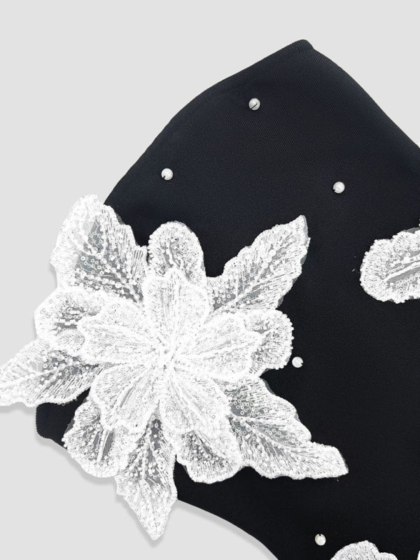 Christmas Tube Top Beaded Flower Bandage Dress Knitted Black Short Dress Party Skirt