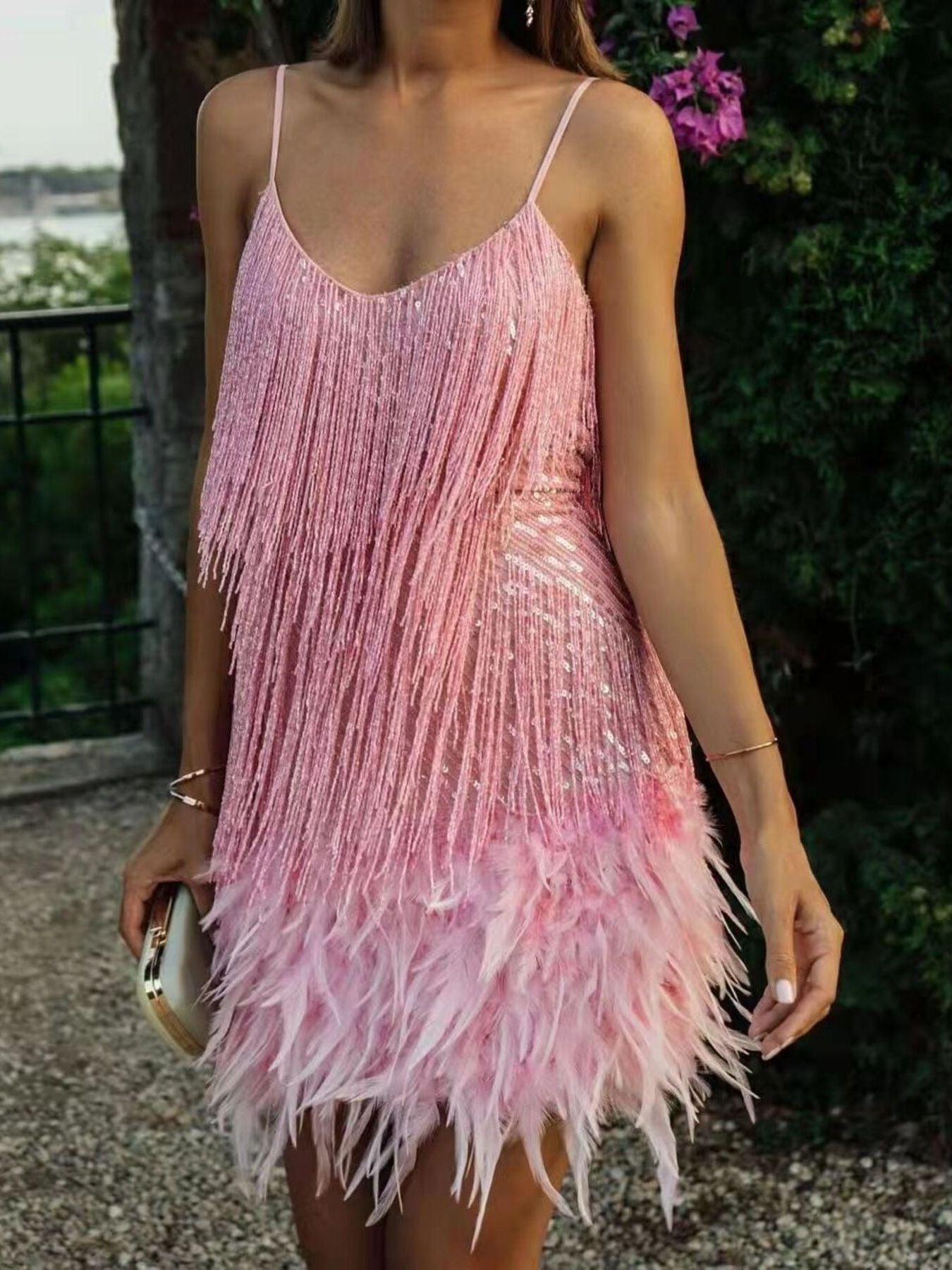 Sequin Fringe V-Neck Plus Size Mini Dress