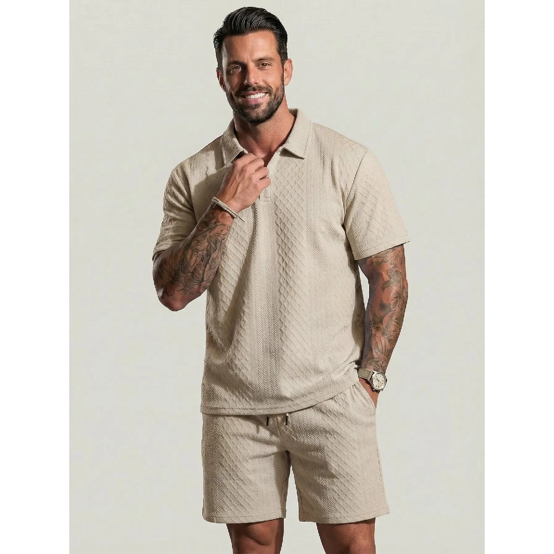 Men's Solid-Color Polo Shirt and Drawstring Shorts Set