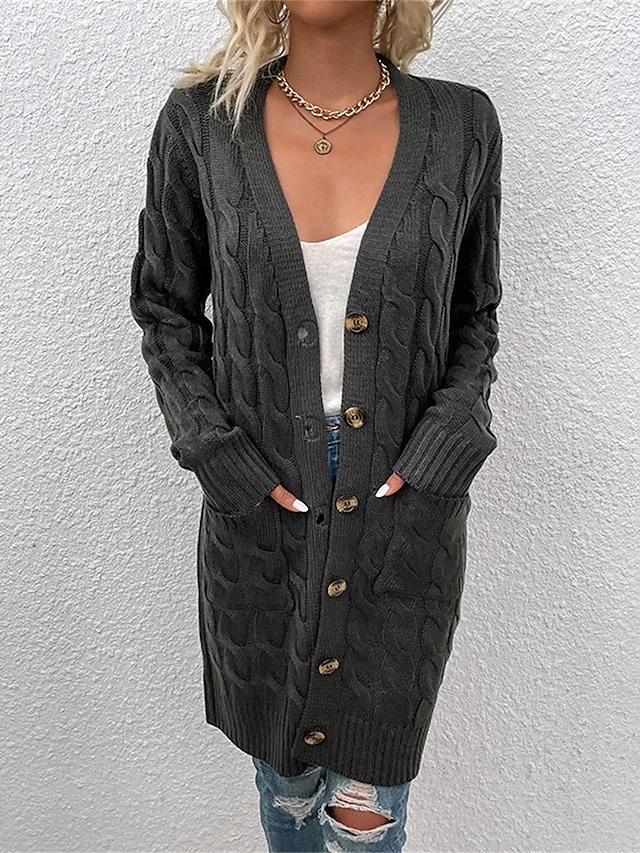 Women's Cardigan Sweater Cowl Cable Knit Faux Fur Button Pocket Summer Fall Long Daily Holiday Going out Stylish Casual Soft Long Sleeve Solid Color Black Yellow Light Green S M L