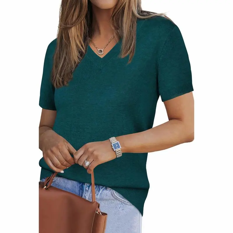 Womens Wool Blend Sweater Soft V Neck Short Sleeve Spring Fashion Pullover Tops