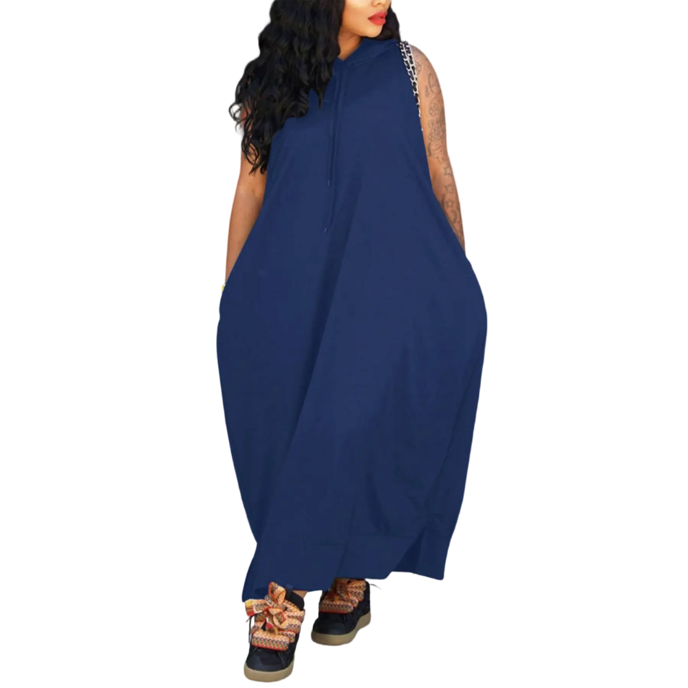 Women's Plain Drawstring Hooded Tank Dress, Casual Basic Pocket Sleeveless Dress