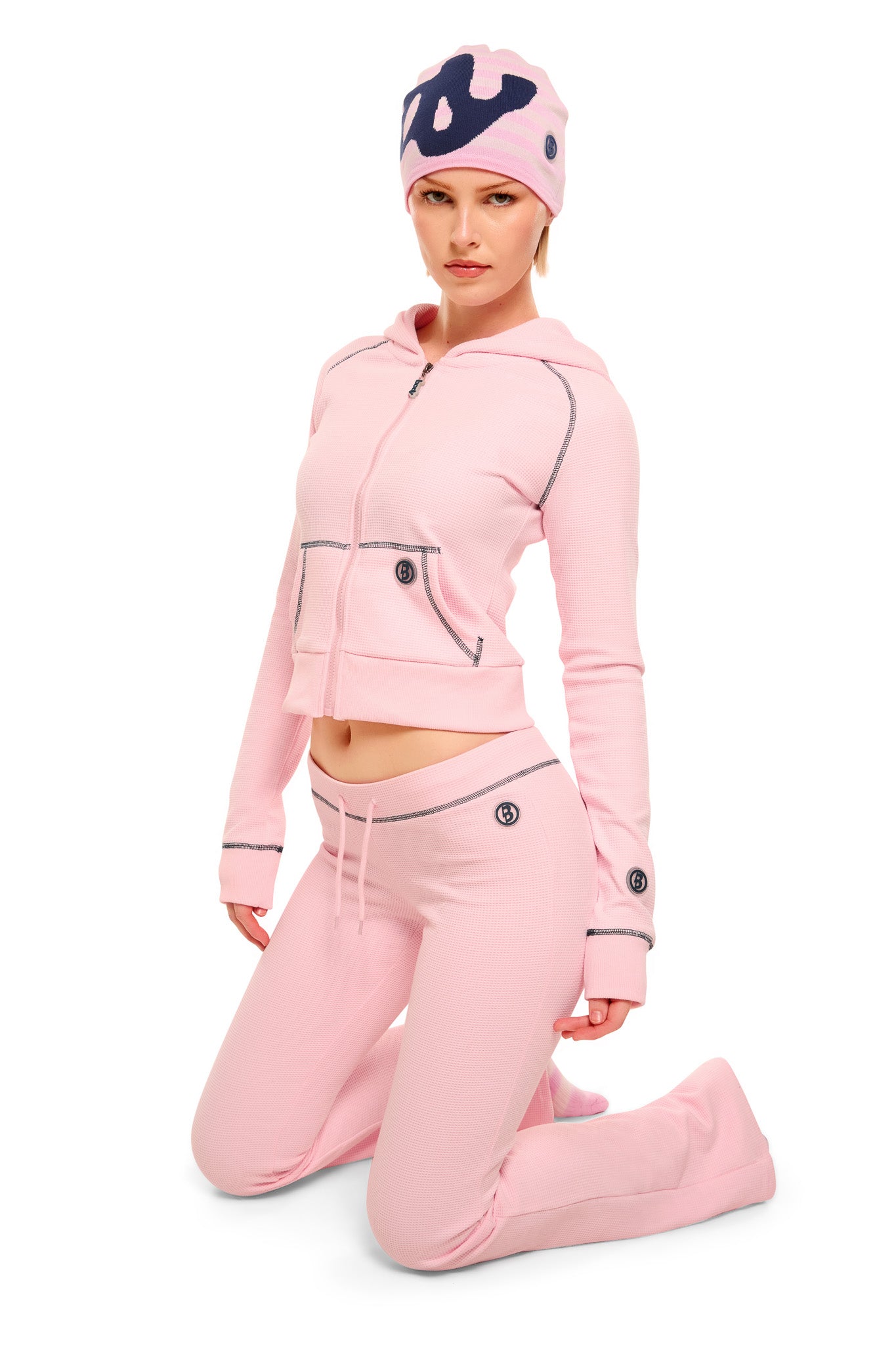 WAFFLE KNIT BOOT CUT PANTS (PINK/NAVY)