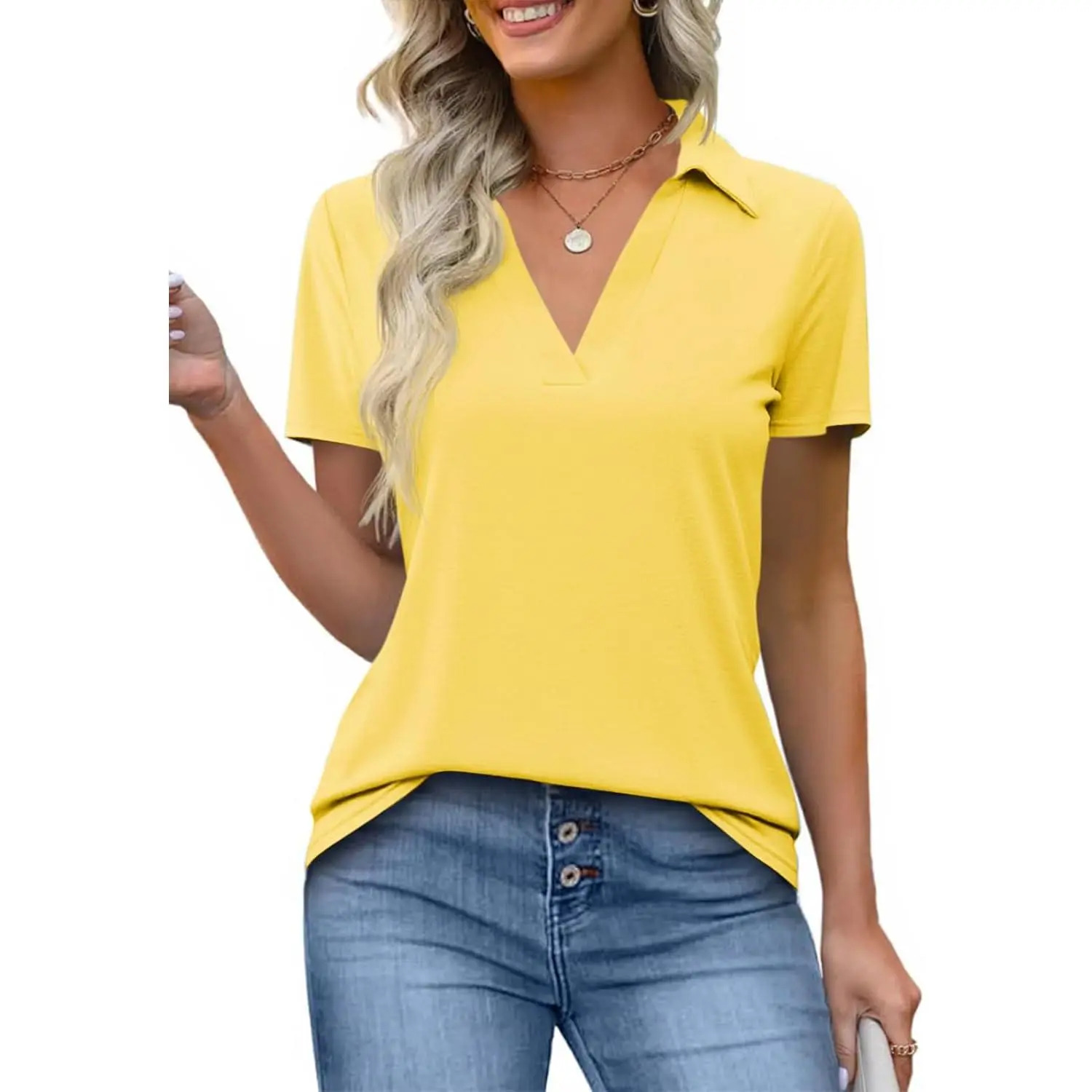 Women's Short-Sleeve Fitted Minimalist Lightweight Polyester V-Neck Collared Polo Shirts - Business