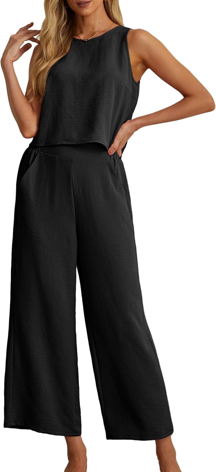 Women's Summer 2 Piece Outfits Set Round neck Sleeveless Tank Crop Top Wide Leg pants Set Pockets Jumpsuits