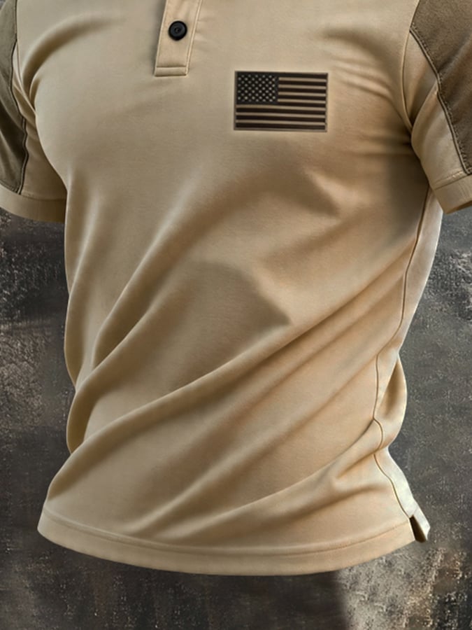 Men's Retro Patriotic Color-Block Short-Sleeve Henley T-Shirt