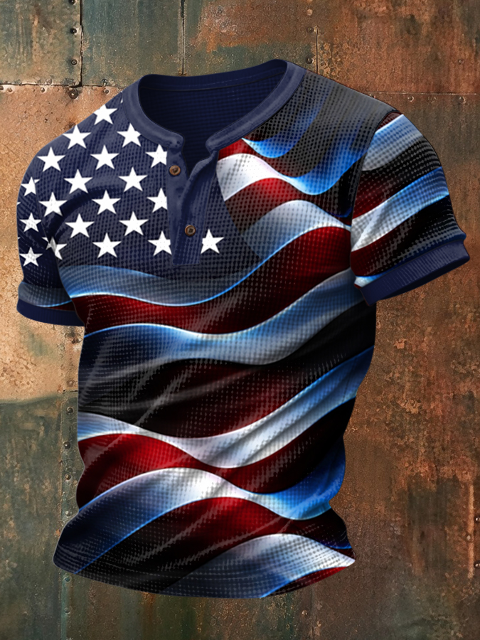 Men'S Retro American Flag Printed Henry Collar Top