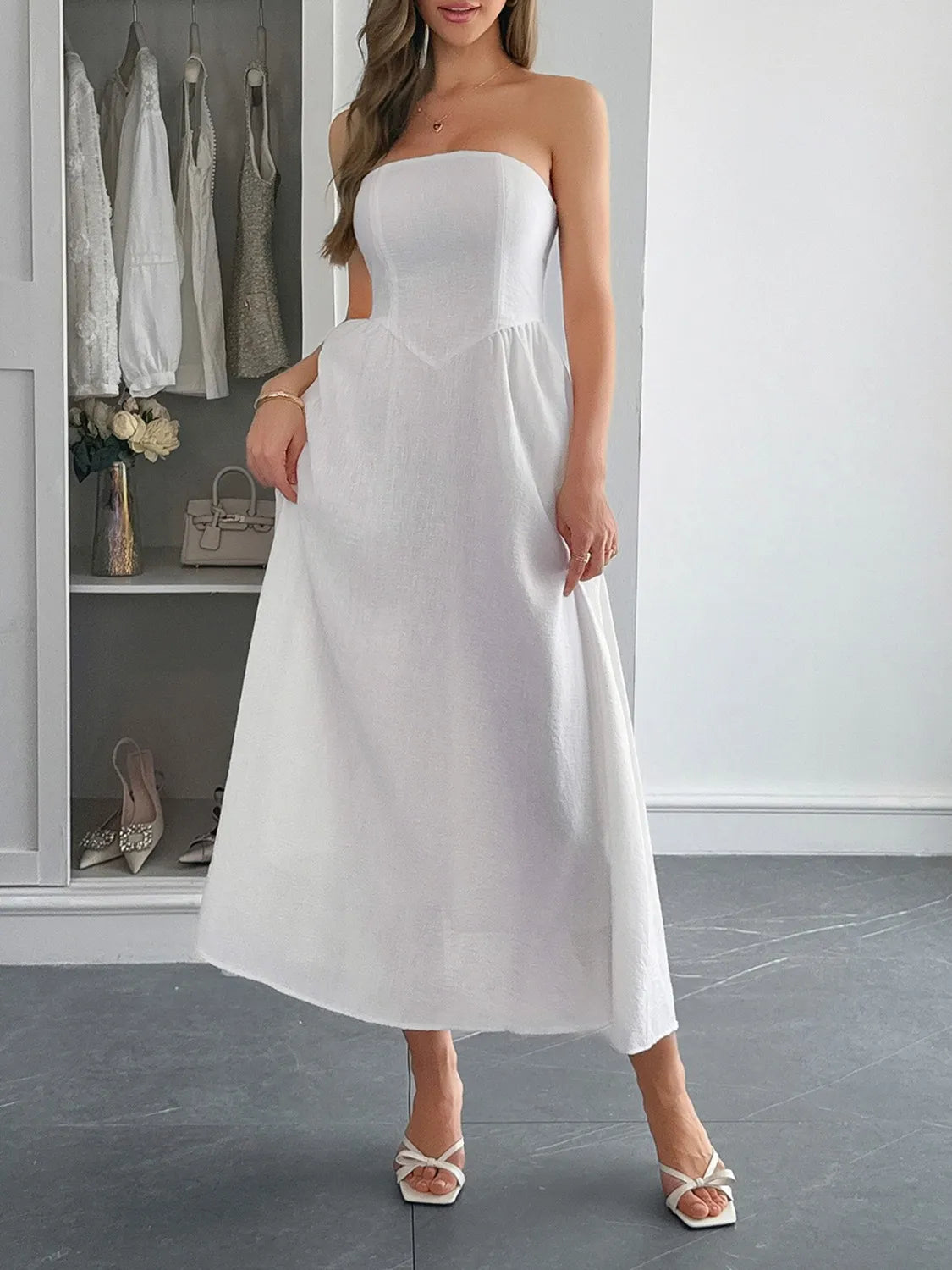 Strapless A-Line Midi Dress with Pockets