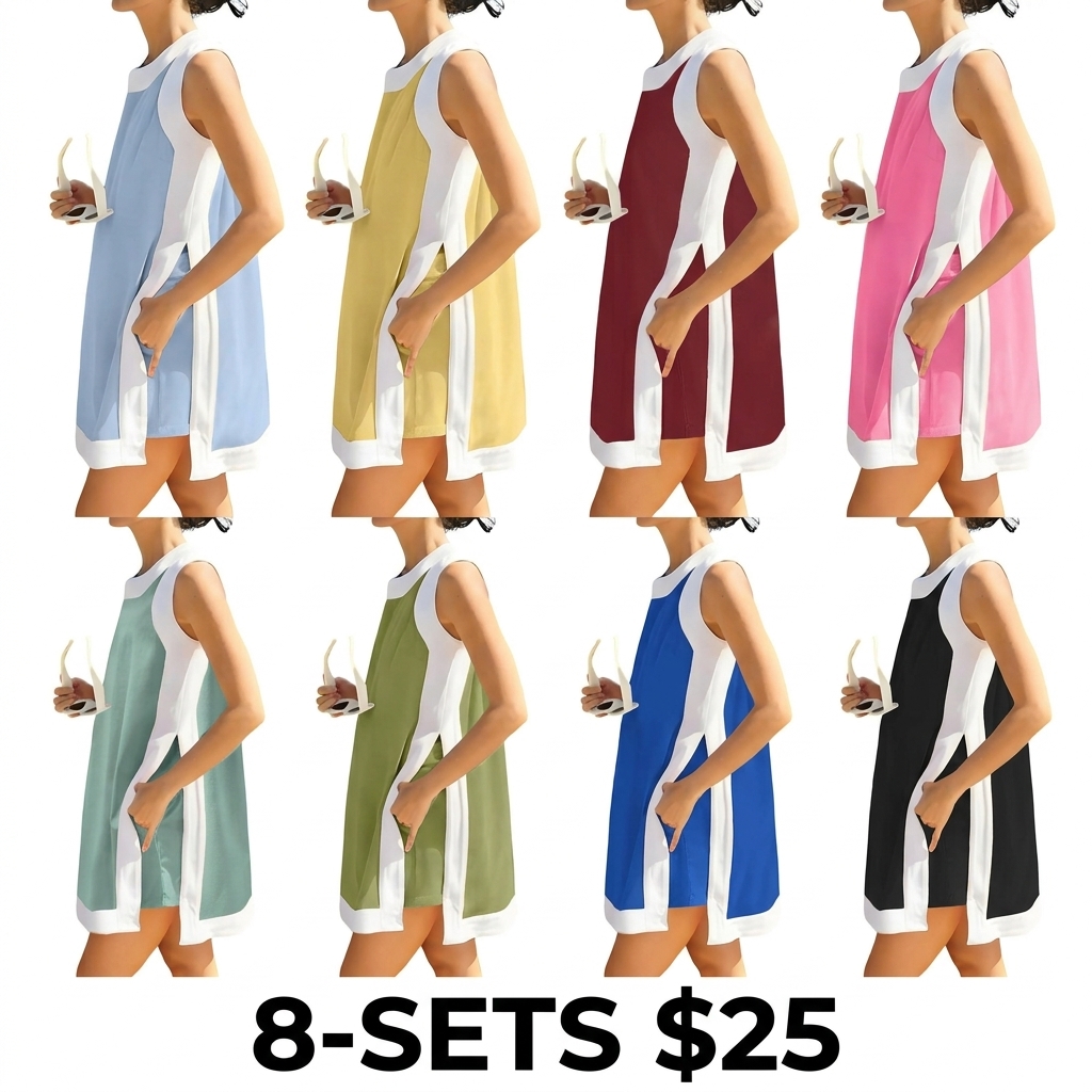 Women's Color Block 2-Piece Set – Crewneck Sleeveless Top & Matching Shorts with Pockets