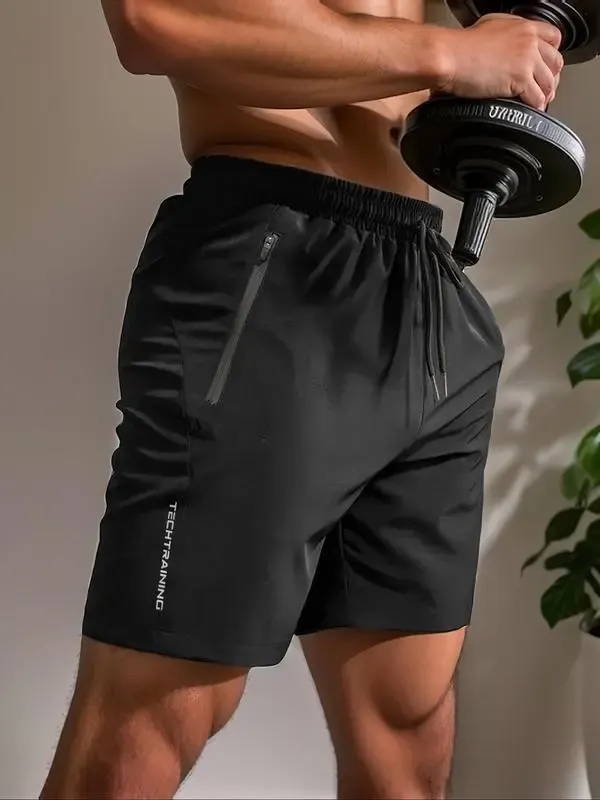 Men's Letter Print Drawstring Waist Shorts, Casual Comfy Breathable Pocket Shorts,