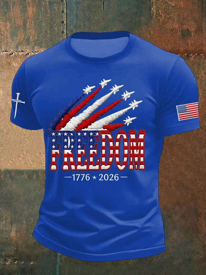 Men's Retro Freedom American Flag Cross Print Round Neck T-Shirt