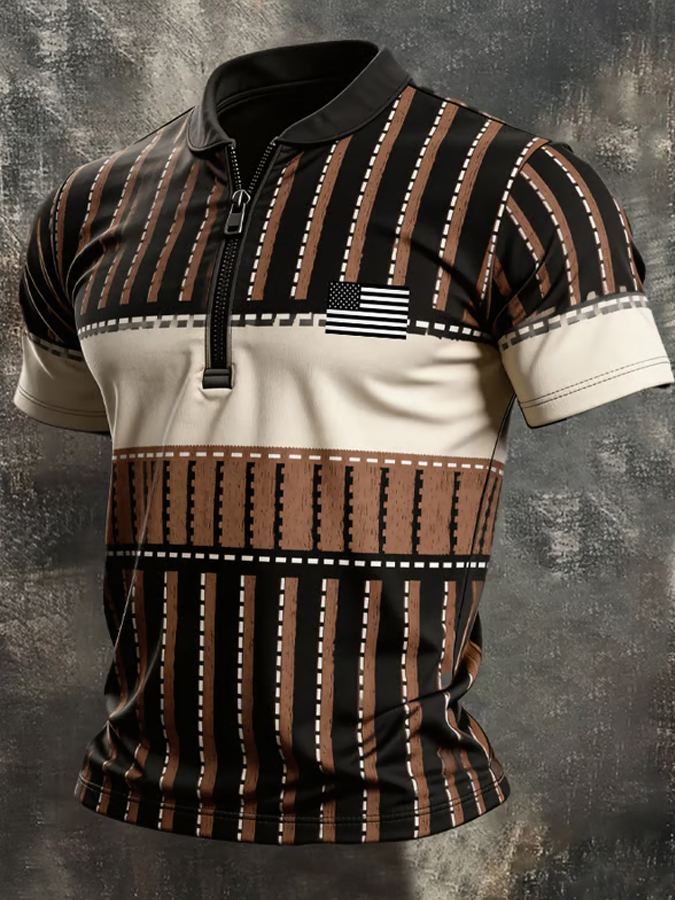 Men'S Retro American Flag Zipper Short Sleeve Polo Shirt