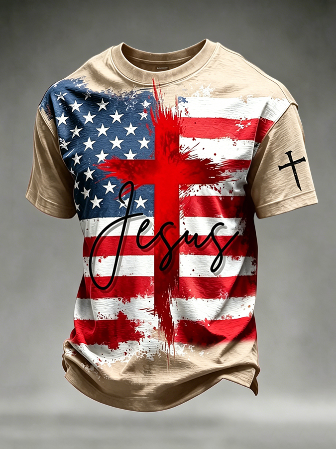Men's Jesus USA Flag Cross Print Christian T-Shirt