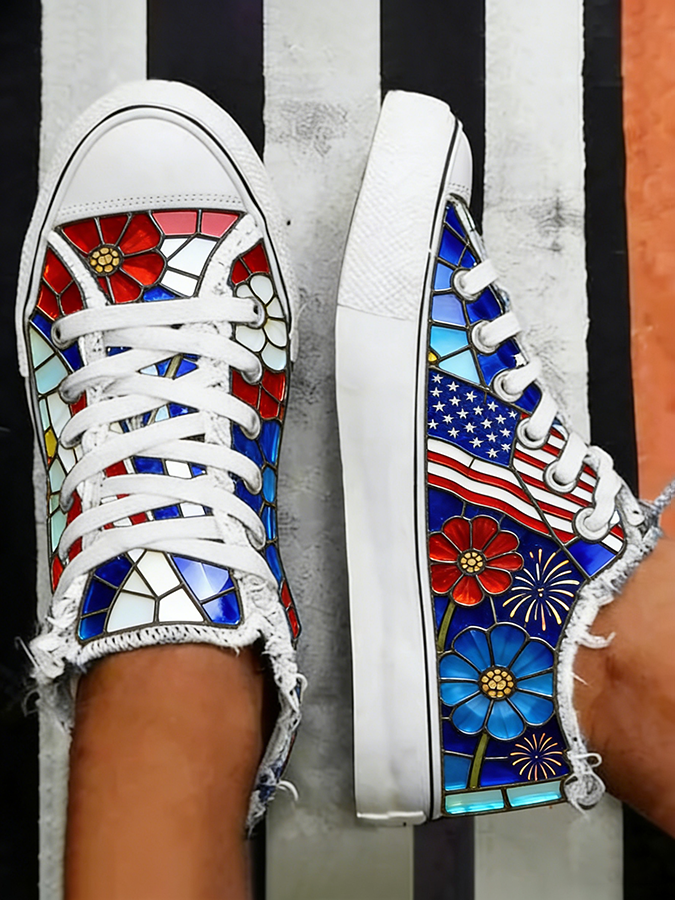 Women's Stained Glass USA Flag Floral Firework High Top Canvas Sneakers