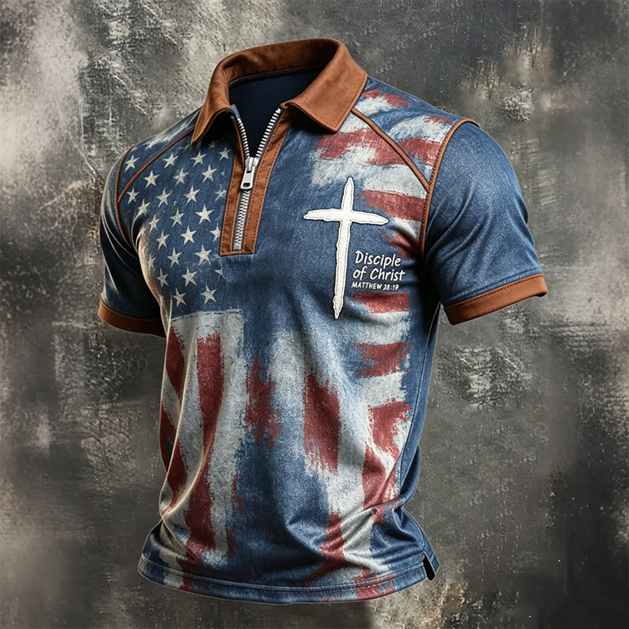 Disciple Of Christ Matthew 28:19 USA Flag Christian Zip Polo Shirt