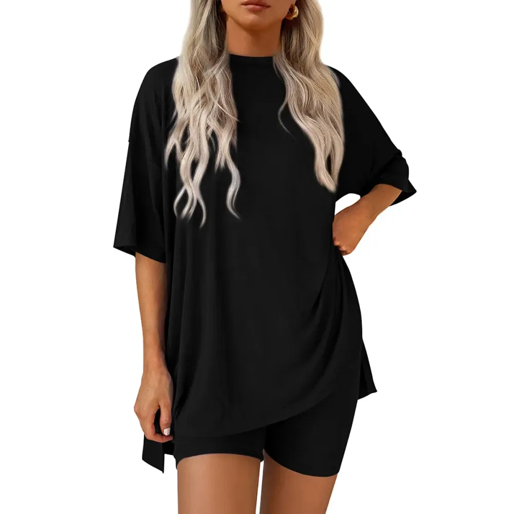 🔥Last Day Promotion ! Women Summer Casual Oversized Split Hem Shirts & Side Pocket Biker Shorts